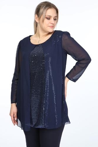 Large Size Navy Blue Color Faux Jacket Tunic