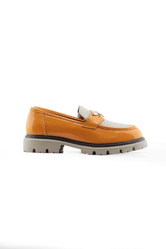Orange genuine leather women's loafer shoes with two-tone accessories
