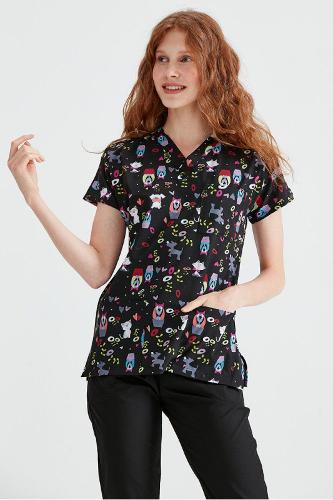 Elastane Medical Blouse, Black with Print, Women - Kitten Model