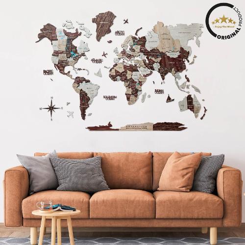 3D Wooden World Map Cappuccino