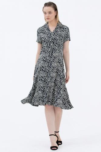 Leopard patterned shirt collar flowy dress - navy blue