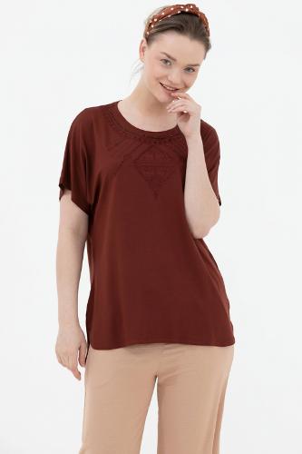 Long back embroidered wide pattern stone blouse - brick