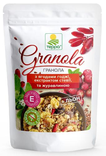 Granola With Stevia Extract, Goji Berries, Flax Seeds and Candied Cranberries