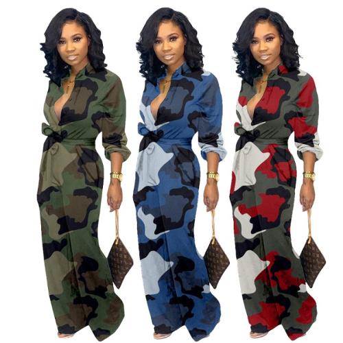 Women Pocket Wide Leg Pants Camouflage Print Jumpsuit