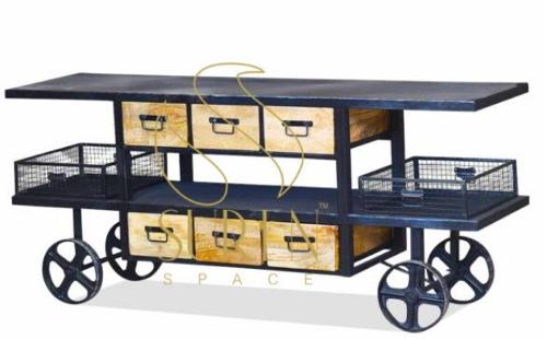 Black Natural Finish Industrial Trolley Design