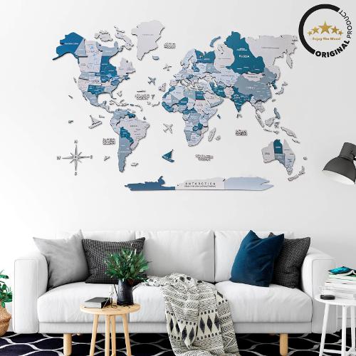 3D Wooden World Map Aqua