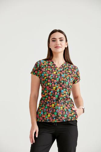 Black Medical Blouse with Print, For Women - Skull