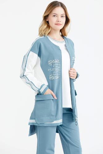 Stone detailed glitter striped tracksuit set - blue