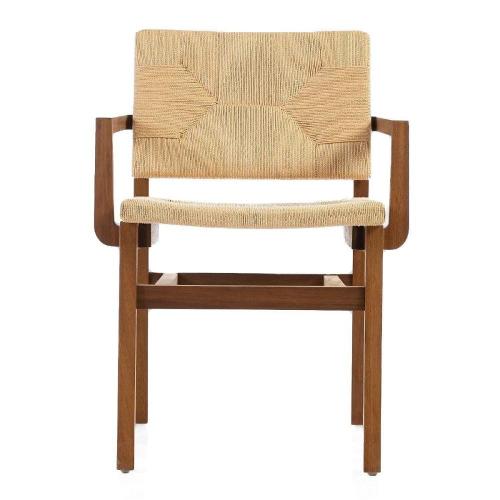 Wooden chair made of Iroko solid wood with braided rope brown