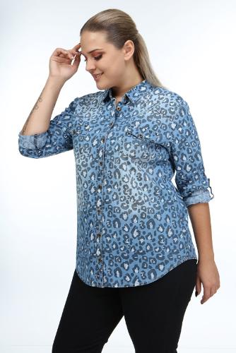 Large Size Blue Colored Leopard Pattern Denim Shirt