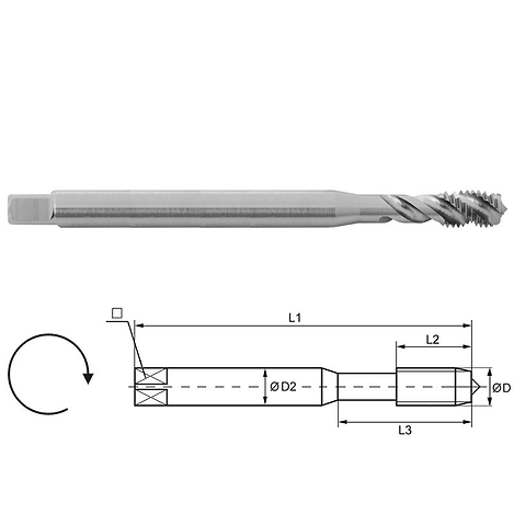 MACHINE Tap Form C, spiral flutes, 35°, Overlengthed L=120, Metric