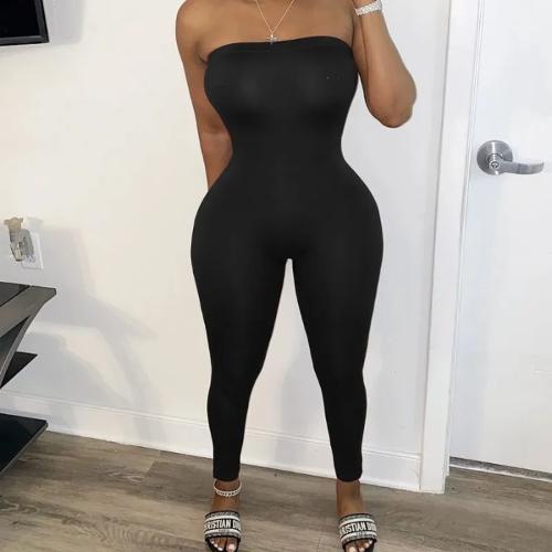 Women Casual Wrap Chest Tight Solid Color Jumpsuit