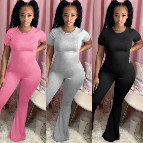 Women Athleisure Short-Sleeved Flared Jumpsuit