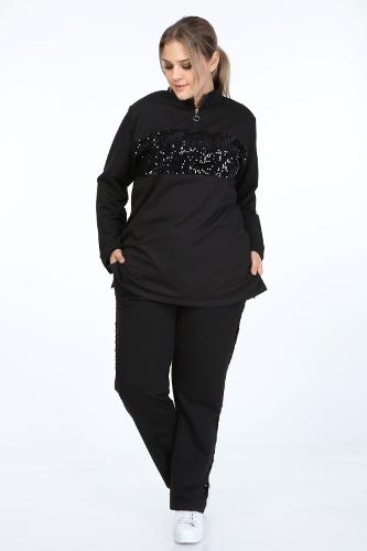 Large Size Black Color Sequined Lycra Tracksuit Set