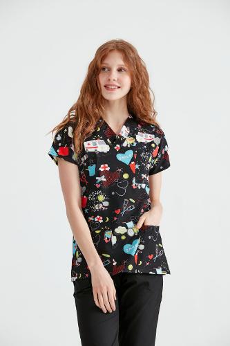 Elastane Medical Blouse, Black with Print, Women - Ambulance Model