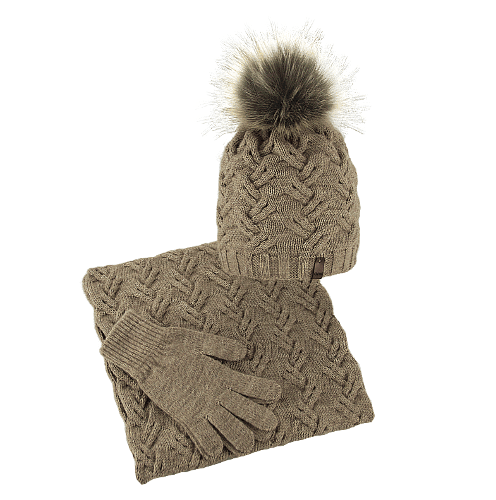 Women's winter set, hat with braids, infinity scarf gloves, cappuccino