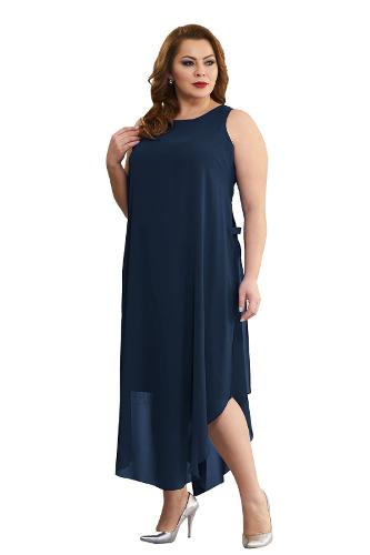 Plus Size Navy Blue Colored Chiffon Sleeveless Dress
