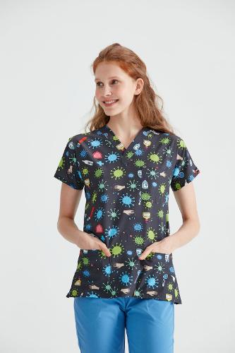 Black medical blouse, with elastane and print, women - Virus