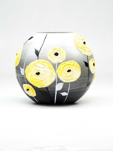 Handpainted Glass Vase for Flowers | Painted Art Glass Yellow Round Bubble